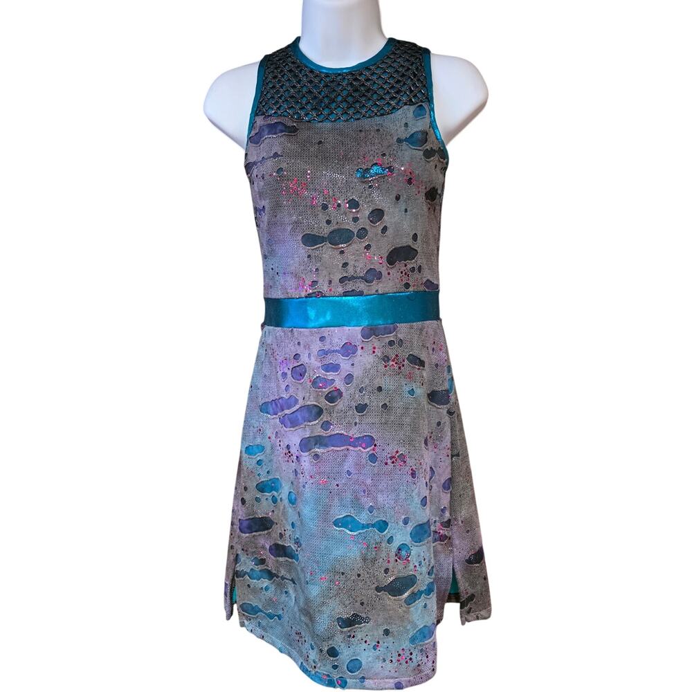Dance Sophisticates custom metallic purple and teal, grunge mini dress sz XS